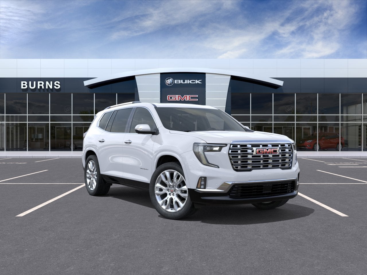 2026 GMC Acadia Denali in Glacier White Tricoat — front three-quarter view