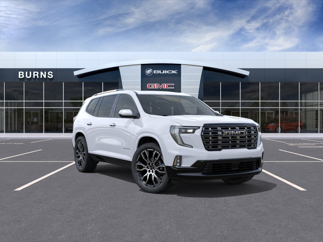 2026 GMC Acadia Denali Ultimate in Glacier White Tricoat — front three-quarter view